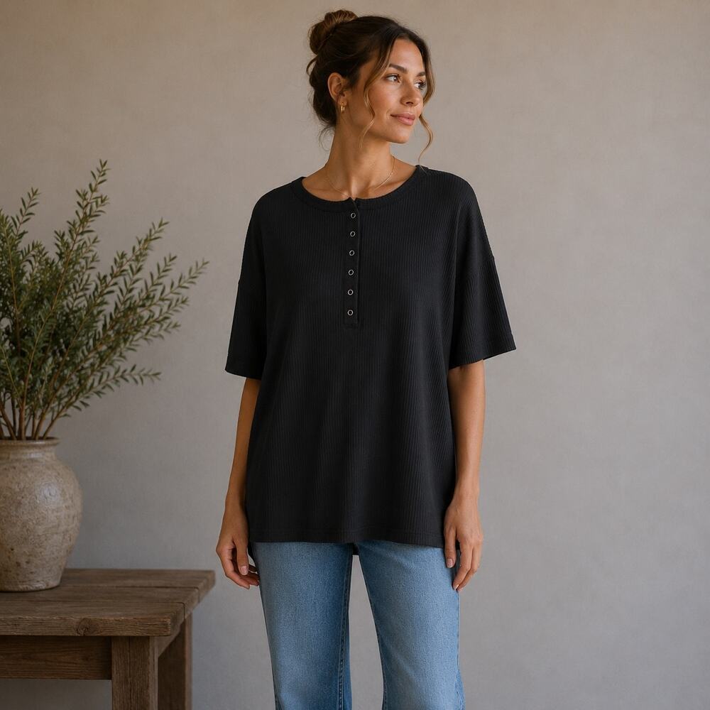 Three Bird Nesk Black Ribbed Knit Short Sleeve Top Large NWT
